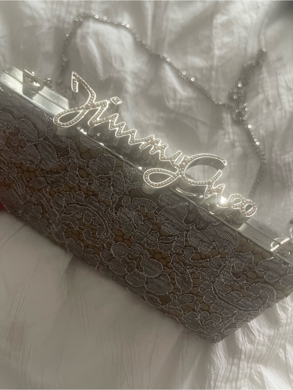 Jimmy Choo Silver Lace Script Logo Clutch